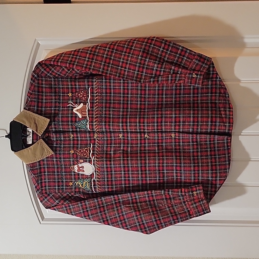 Christmas red tartan plaid cotton button petite shirt small